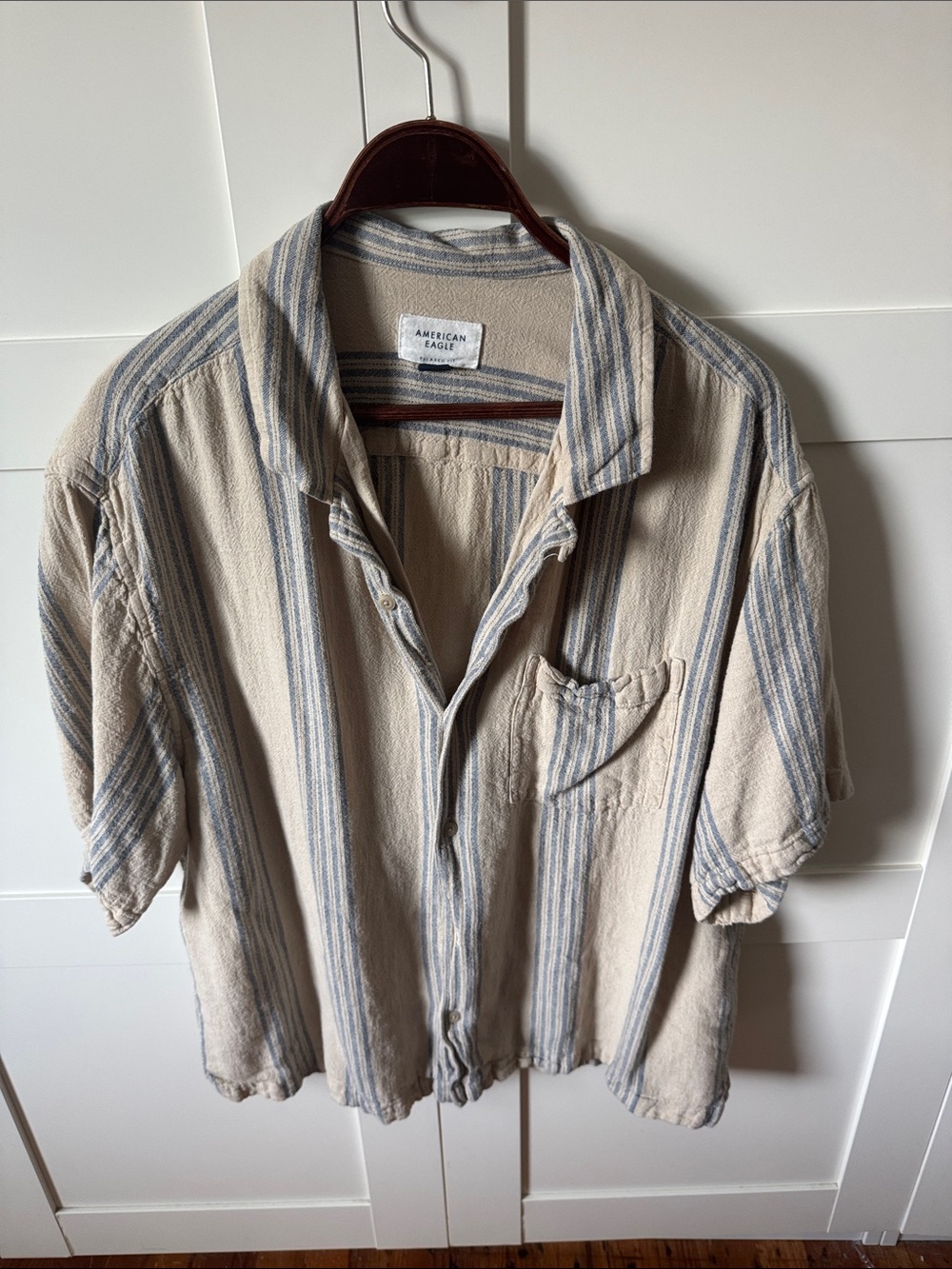 American Eagle Outfitters Beige and Blue Striped Short-Sleeve Button-Up